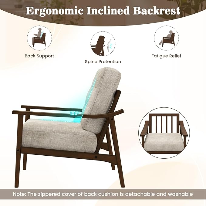 Giantex Mid Century Modern Accent Chair Set of 2, Max Load 440 LBS Upholstered Living Room Chair w/Rubber Wood Armrests & Legs, Removable Back Cushion, Comfy Reading Arm Chair for Bedroom
