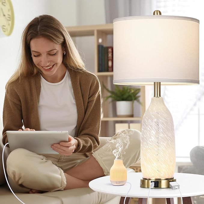 26" Modern Clear Glass Table Lamps Set of 2,Nightstand Lamp with USB A+C Ports & AC Outlet,Bedside Lamps with 3-Way Dimmable Touch Control Night Light for Bedroom Living Room(Bulbs Included)