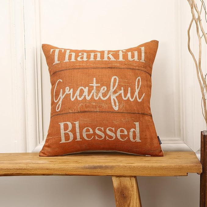 TRENDIN Thankful Grateful Blessed Pillow Cover 18X18 for Couch Fall Decorations Square Linen Cushion Case Sofa Home Thanksgiving Decor Vintage Orange PL1074TR