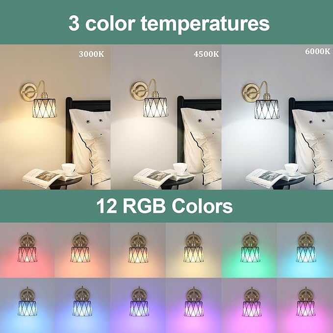Vintage Battery Operated Wall Sconce Set of 2, 5000mAh Rechargeable Wall Lamp 12 RGB Colors Dimmable, Gold Lights Fixture for Bedroom Bathroom Living Room Hallway Clear Checker