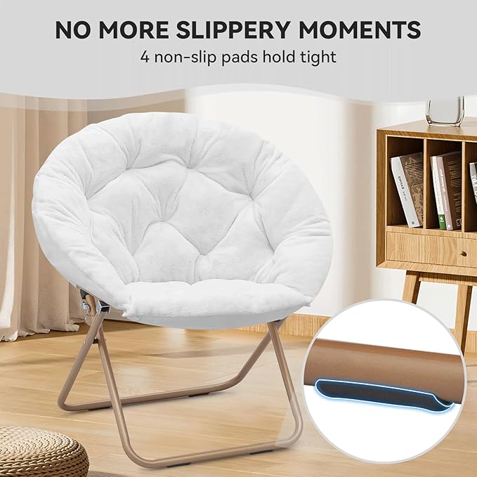 Magshion Saucer Chair for Adults, Comfy Living Room Lounge Chair for Bedroom Corner, Dorm, Apartment, Faux Fur Fluffy Circle Accent Seat with Thick Padded & Folding Metal Frame (White)