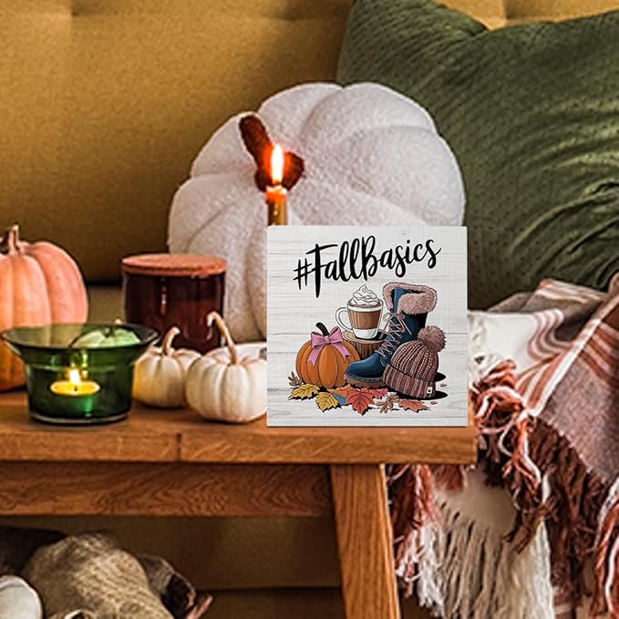 Autumn Thanksgiving Happy Fall Pumpkin Bow Spice Coffee Office Bedroom Dining Room Decor Wooden Box Block Plaque Wood Products Sign for Desk Table Tabletop Decor 5 x 5 inches Tub1602