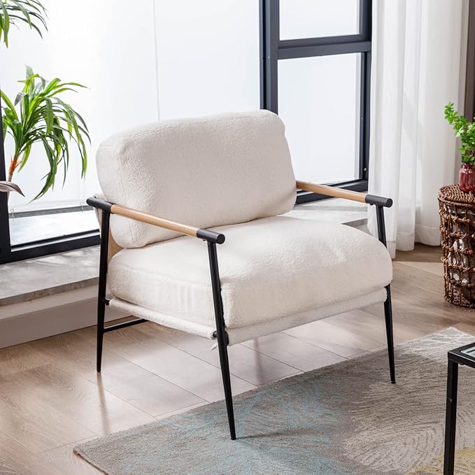 LukeAlon Mid-Century Sherpa Accent Chair, Ultra Soft Living Room Chair with Metal Legs Modern Armchair Lounge Chair Upholstered Comfy Leisure Chair for Bedroom Reception Area Reading Room, White