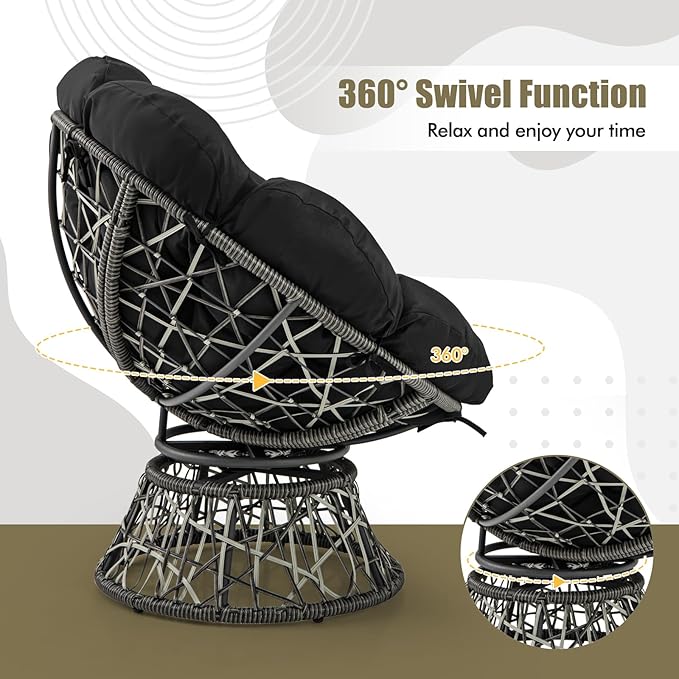 RELAX4LIFE Swivel Wicker Papasan Chair - 360° Rotatable Comfy Circle Chairs with Cushion and Frame for Indoor & Outdoor, Oversized Lazy Lounge Reading Chair for Bedroom, Living Room, Balcony, Patio