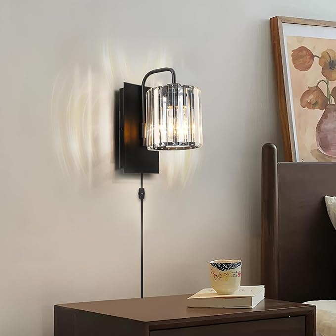 Plug in Sconces, Square Crystal Sconce Black Plug in Wall Sconce Modern Crystal Wall Lamp with On Off Dimmer Cord, Glass Wall Light Fixtures for Living Room Bedroom Hallway Bedside