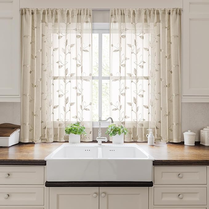 HOMEIDEAS Taupe Sheer Curtains 52 x 54 Inch Length 2 Panels Beige Embroidered Leaf Pattern Short Curtains for Bedroom Half Small Window Rod Pocket Kitchen