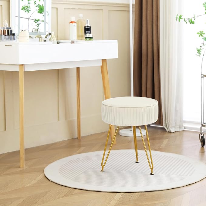 Velvet Vanity Stool Chair, Round Makeup Vanity Chair with Adjustable Metal Legs & Soft Padded Seat, Ottoman Foot Stool for Bedroom, Living Room, Entryway