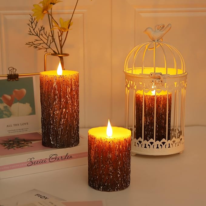Flameless Candles Battery Operated Pillar Pine Effect Real Wax Flickering 3D Wick Electric LED Decorative Candle Sets with Remote Control Cycling 24 Hours Timer, 4" 5" 6" Pack of 3