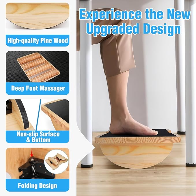 Wood Foot Rest for Under Desk at Work, Ergonomic Foldable Footrest with Roller Massager for Enhanced Circulation & Comfort, Standing Desk Rocker Balance Board for Office & Home
