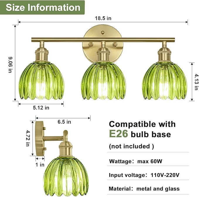 Vintage Bathroom Light Fixtures,3-Light Hardwired Vanity Lights Over Mirror,Gold Wall Sconces with Green Tulip Glass Shade for Bathroom Living Room,E26 Socket(Bulbs Not Included)