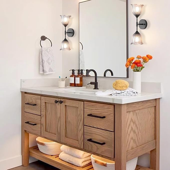 2-Lights Vintage Wall Sconce with Smoke Gray Glass Shades Mid Century Bathroom Vanity Wall Light Fixtures Industrial Matte Black Wall Lamp for Bedroom Mirror Living Room Restaurant