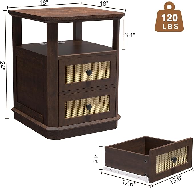 End Table Set of 2 with Charging Station, 24” Tall Sofa Side Table with Rattan Drawer, Anti-Collision Angle Wooden Night Stand for Living Room, Bedroom, Office,Cherry