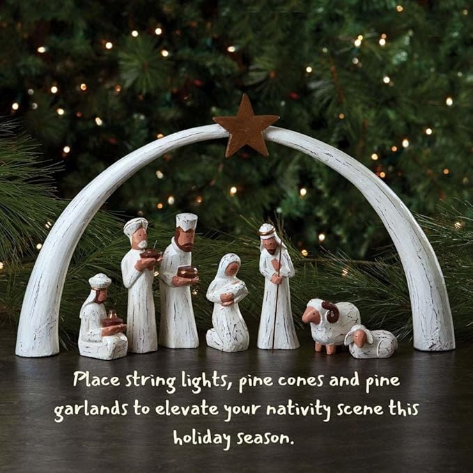 Seasonal Home Decor, Collectible Wood Figurines, Christmas, Religious, Catholic Home, Christian, Wood Nativity Set, Jesus Manger Scene, Holy Family, Tabletop, Rustic, White, Star Arch, Set of 8