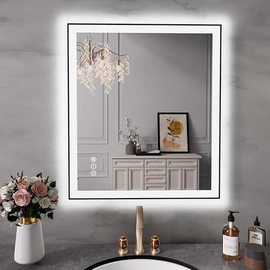 28x32 Inch LED Bathroom Mirror with Black Frame, Backlit and Front Lighted Bathroom Mirrors for Wall, Anti-Fog, Dimmable, Memory, Shatterproof, LED Vanity Mirror for Bathroom