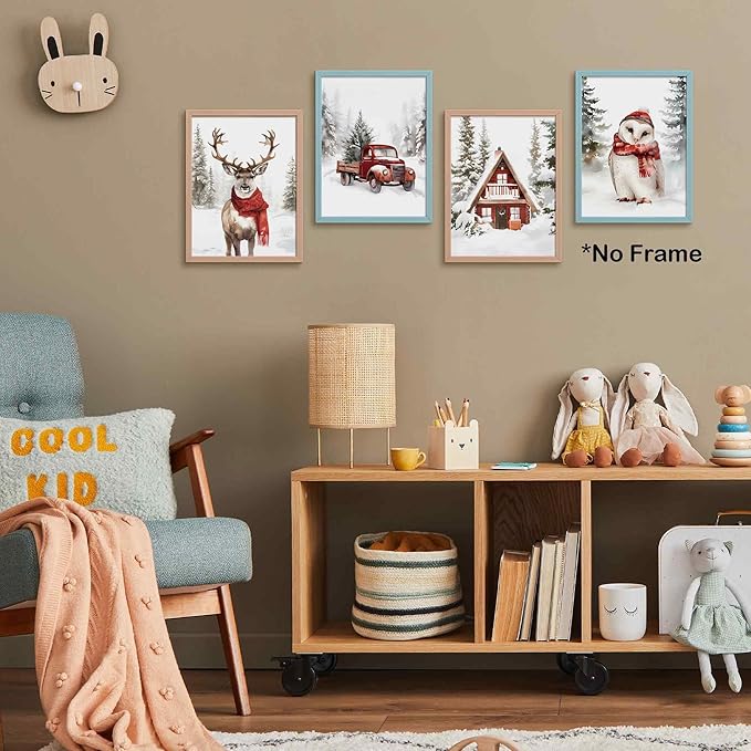 TLESKE Winter Christmas Snowy Woodland Animals Posters Prints Unframed Set of 4, Forest Deer Reindeer Moose Owl with Red Scarf Wall Art Prints Decor for Nursery Bedroom, Christmas Pine Trees Wall Pictures, 12x16