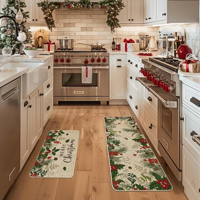Artoid Mode Leaves Holly Merry Christmas Kitchen Mats Set of 2, Winter Home Decor Low-Profile Kitchen Rugs for Floor - 17x29 and 17x47 Inch
