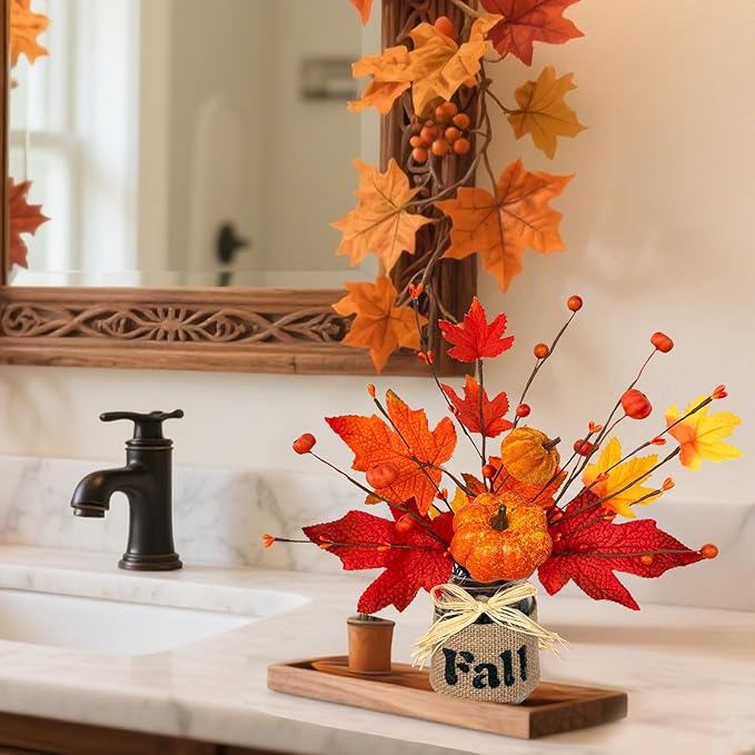 2 Pack & Timer Fall Decor 13.5 Inch Fall Centerpieces for Tables with 20 Lights, Thanksgiving Decorations Mason Jar with Maples Leaves Pumpkins Berried Fall Decorations for Table Coffee Table Kitchen