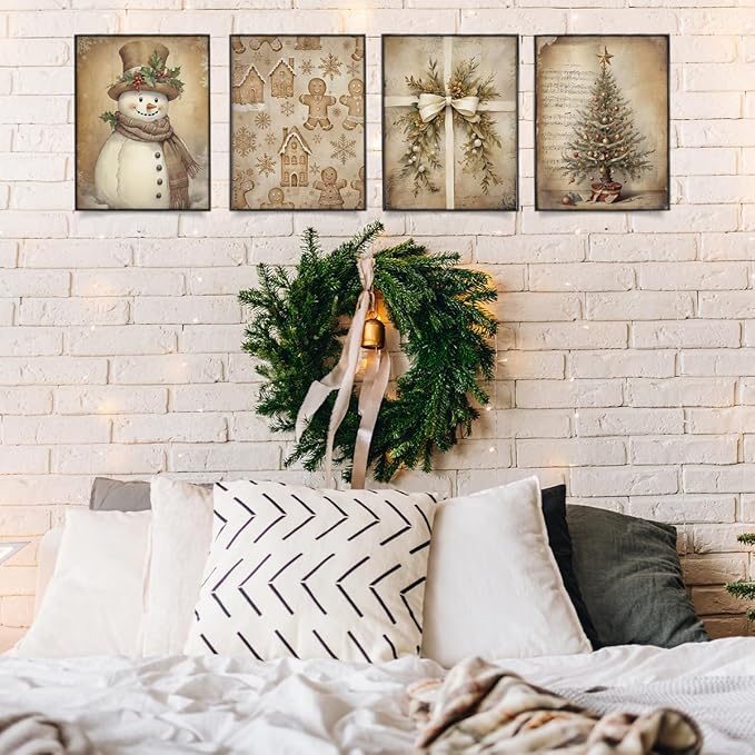 Wheatwin Vintage Christmas Wall Decor, Christmas Tree Snowman Wall Art Prints Set of 4, Boho Merry Christmas Wall Decor for Home Bedroom Living Room Office, 8x10 (Unframed)