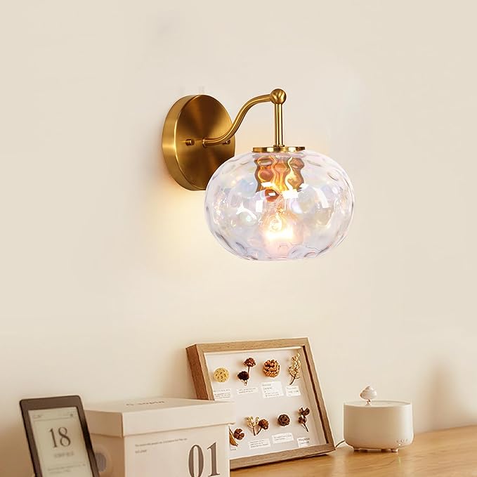 Gold Wall Sconce Light Colorful Hammered Glass Vanity Lighting Brushed Brass Wall Lamp for Bathroom Over Mirror