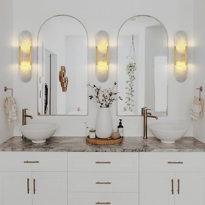 19.7in Brass Alabaster Wall Sconces, Natural Marble Wall Sconces Set of Two Indoor Alabaster Sconces for Living Room Modern Alabaster Sconces Wall Lighting for Dining Room Stairs Bedroom
