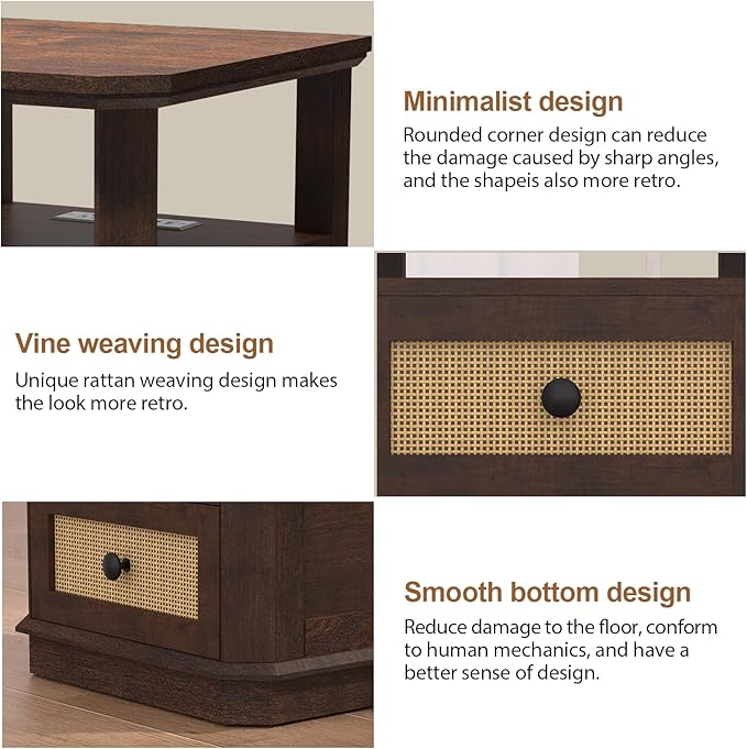 End Table with Charging Station, 24” Tall Sofa Side Table with Rattan Drawer, Anti-Collision Angle Wooden Night Stand for Living Room, Bedroom, Office.