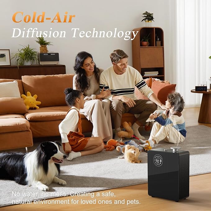 HVAC Waterless Diffuser - Smart Scent Air Machine for Home & Commercial Use, Covers 3000 sq. ft., HVAC or Portable Large Room Waterless Diffusers, Touch & Bluetooth Control, Metal, Black
