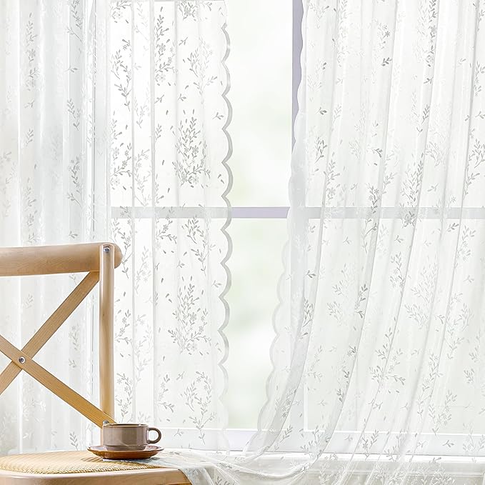 Sheer Lace Curtains 63 Inches Long, Vintage Floral Light Filtering Ivory Lace Curtains for Living Room & Bedroom, Rod Pocket, 2 Panels Set, Sprig Pattern (Ivory, 52" W x 63" L)