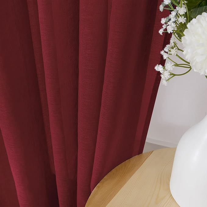 Tollpiz Sheer Tier Curtain Linen Textured Half Kitchen Curtains Sheer Light Filtering Rod Pocket Voile Small Curtains for Bathroom, 25 x 36 inches Long, Burgundy Red, Set of 2 Panels