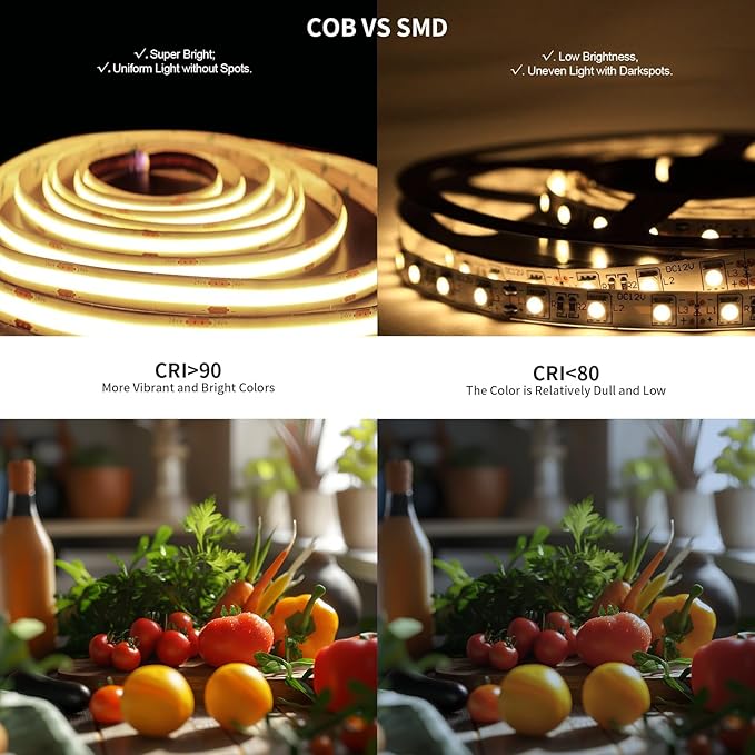 COB LED Strip Lights, Bright COB LED Lights 20ft LED 3000K Cool White Dimmable LED with RF Remote Under Cabinet Lighting for Bedroom Counter Kitchen
