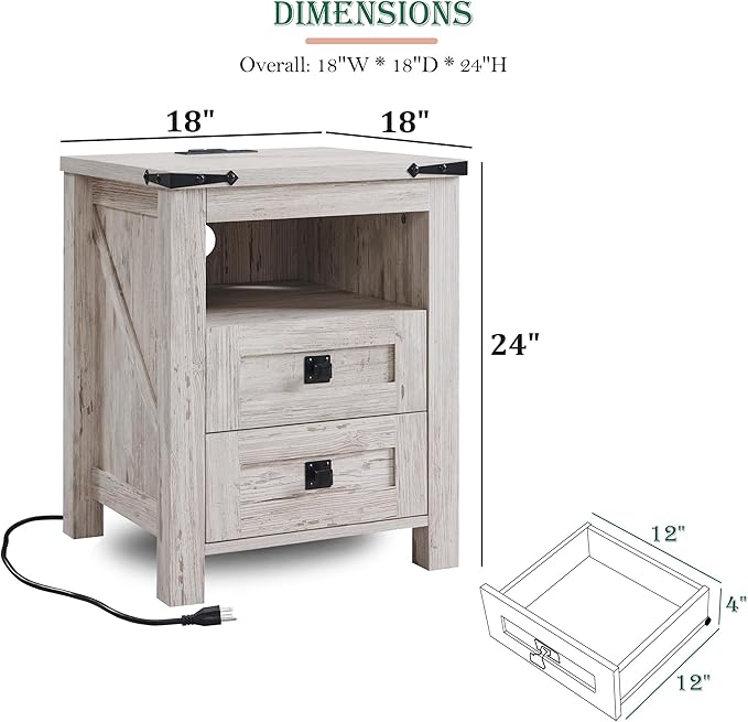 RedLemon Farmhouse Nightstand with Charging Station, Rustic 18 Inch End Table with 2 Storage Drawers and Open Shelf, Wood Sofa Side Table for Bedroom, Living Room (Antique Brush White)