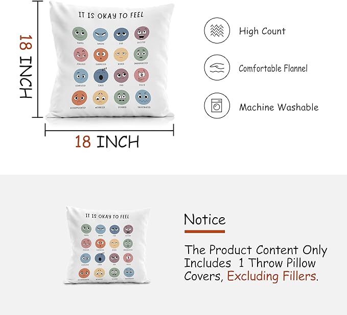 Nogrit Calm Down Corner Supplies Calming Corner Decor Feelings Pillow Cover 18x18 Counseling Office Calm Corner Must Haves, School Counselor Gifts Mental Health Decor for Therapy Office Gifts