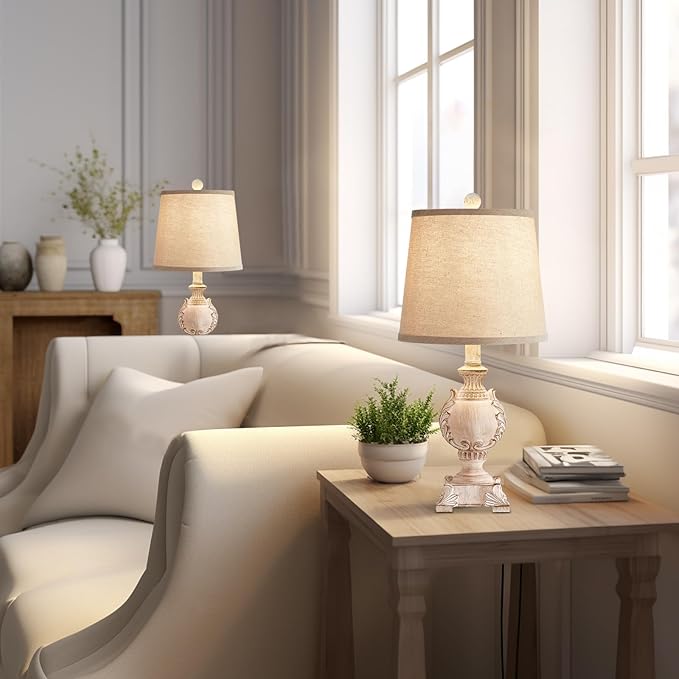 21'' Small Table Lamps Set of 2 Farmhouse Bedside Lamps for Bedroom Nightstand Vintage Carved Floral Side Table Lamps for Living Room Kids Home Office, Wooden Finish, Bulb Not Include