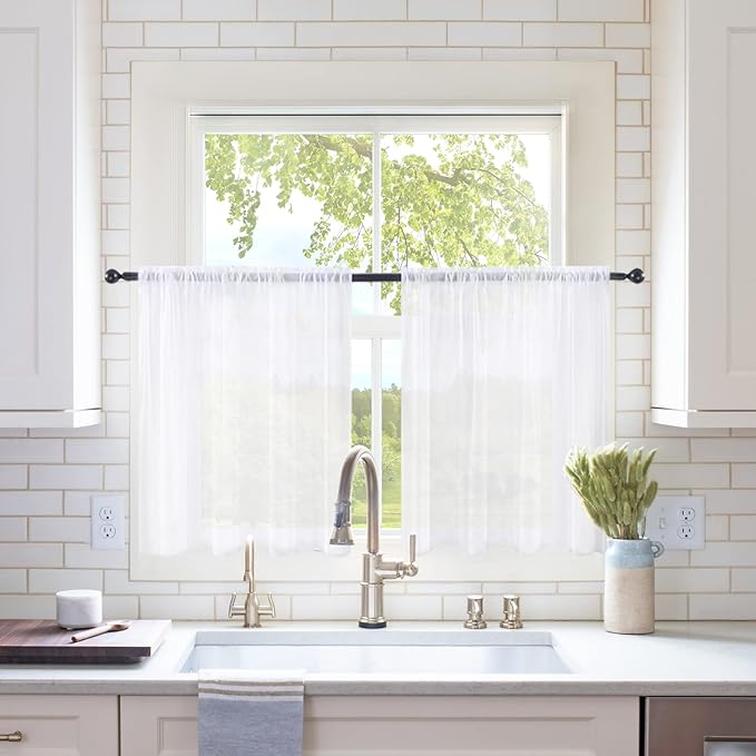 MIULEE 2 Panels Kitchen Tiers Half Window Sheer Curtains Rod Pocket Voile Drapes for Kitchen Bathroom Small Windows 54 by 36 Inch White