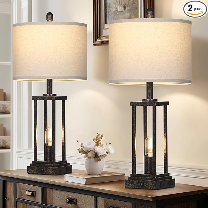 27" Tall Farmhouse Table Lamps with Night Light, Bronze Industrial End Table Lamp for Living Room, Rustic Bedside Lamps Set of 2 with USB C+A Ports & AC Outlet, Vintage Bedroom Lamp for Nightstand