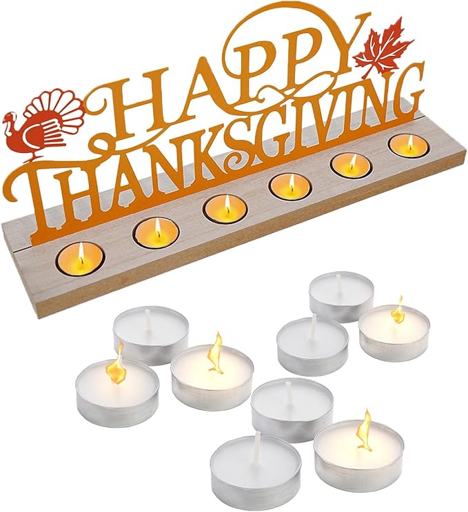 Metal Happy Thanksgiving Sign, Tiered Tray Decor with 18 Pcs Tealights, Orange Fall Decorations Tea Lights Candles Holders for Home, Office, Shelf, Mantel, Indoor, Table, Autumn Decoration