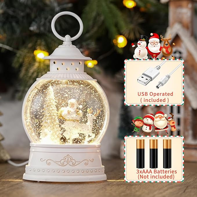 Christmas Snow Globes with Music, Santa Deer Lighted Christmas Lantern with 6h Timer, USB or Battery Operated Festival Decoration Gifts