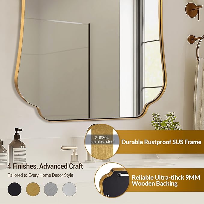 ANDY STAR 24"x36" Gold Mirror, Brushed Brass Scalloped Wall Mirror, Bathroom Wall Mirror with Stainless Steel Metal Framed Ideal for Bedroom, Hallway