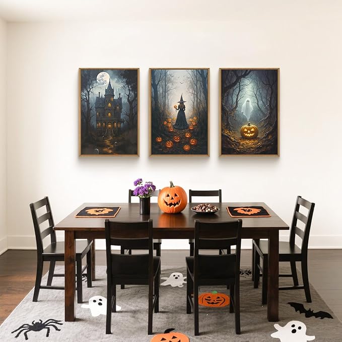 Halloween Moon Castle Framed Canvas Wall Art Set, Scary Dark Forest Witch Wall Decor, Cute Ghost Wall Painting, Pumpkin and Bats Art Prints for Gothic Party, Living Room, Club -24"x36"x3