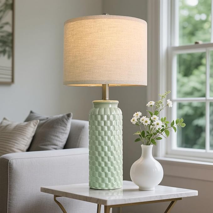 24" Modern Ceramic Green Bedside Lamp Set of 2 Table Lamp for Bedroom Decor Farmhouse Table Lamp for Living Room Office Dorm