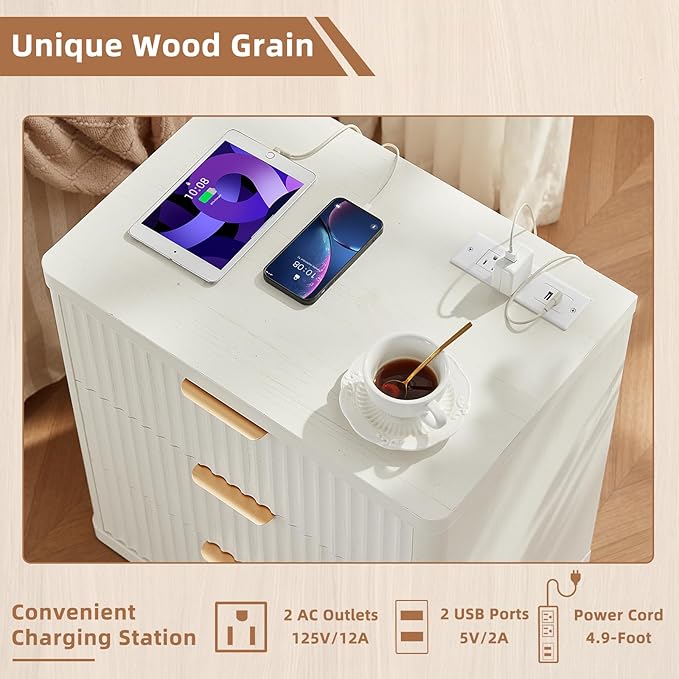 LEYAOYAO 23" Wide Fluted Farmhouse Night Stand Set of 2 with Charging Station, 3 Drawers Large End Table w/Metal Handle,White Nightstand Bedside Table,Wood Dresser for Bedroom, Closet