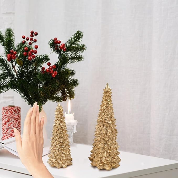 2Pcs Christmas Tree Decoration Figurines, Christmas Tree Statues Glittered Resin Desktop Mini Small Tabletop Ornaments Holiday Fireplace Home Decor Gifts (Glod)