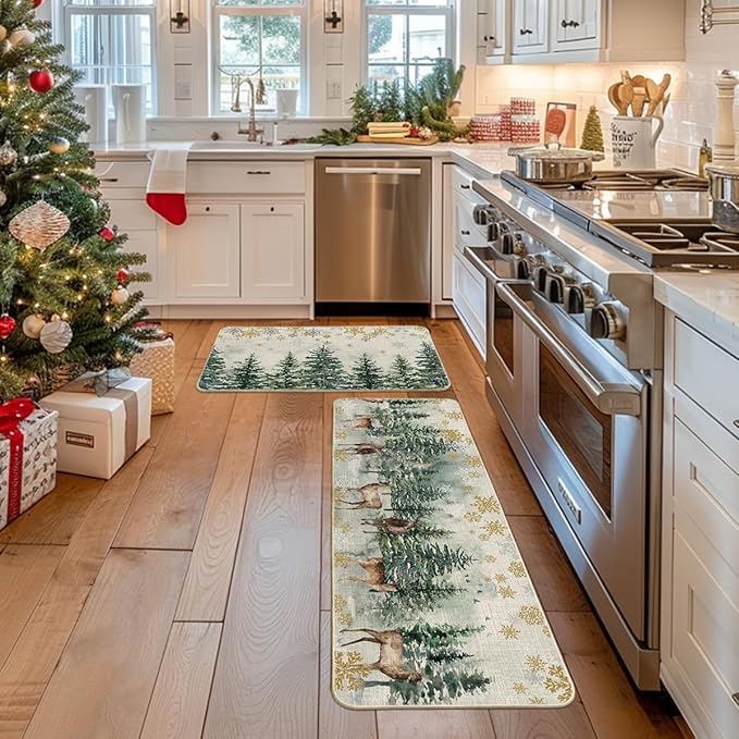 Artoid Mode Xmas Trees Deer Snowflakes Christmas Kitchen Mats Set of 2, Winter Home Decor Low-Profile Kitchen Rugs for Floor - 17x29 and 17x47 Inch