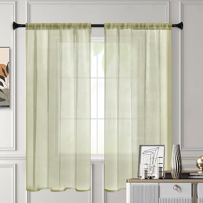 Sheer Curtains 72 Inches Long 2 Panels, Rod Pocket Short Curtain for Kitchen, Bedroom, Cafe Window(Sage Green 38" W x 72" L)