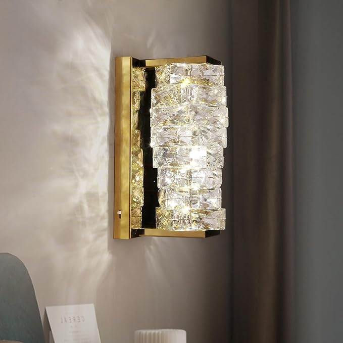 HuisMier Gold Crystal Wall Sconce, Modern Dimmable LED Sconces Wall Lighting, Luxury Vanity Light Fixture Bathroom Wall Sconces for Living Room Bedside Hallway Stairway