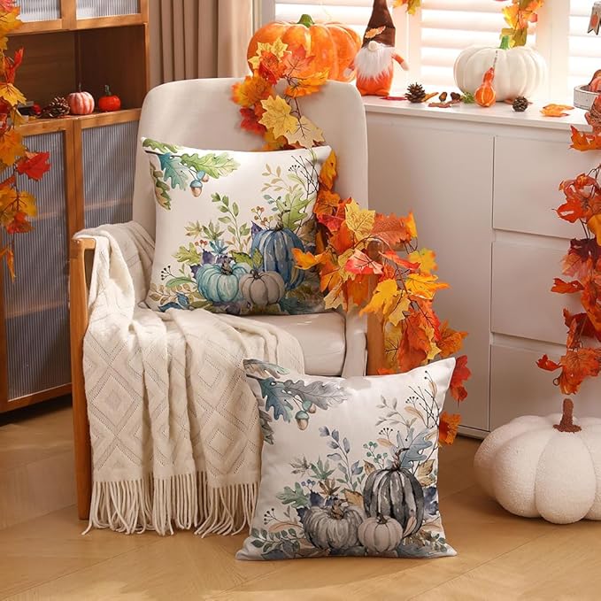 DFXSZ Fall Pillow Covers 18x18 inch Set of 2 Blue Green Pumpkin Fallen Leaves Decorative Outdoor Throw PillowCovers Autumn Thanksgiving Farmhouse Decoration for Home Couch TH27-M18