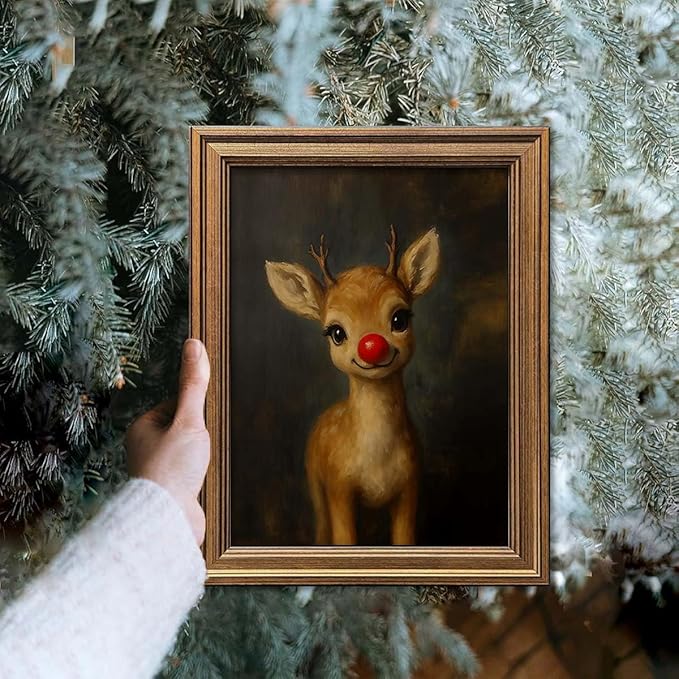 Vintage Christmas Wall Art Decor Gold Framed Art Funny Clown Reindeer Picture Painting for Home Living Room Decor Holiday Gift (Reindeer, 12L" x 9.5W")