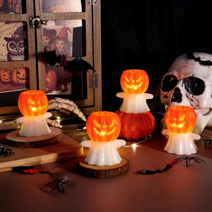 Homemory Real Wax Pumpkin Ghost Lamp, 4 Pcs Flickering Flameless Candles with 6hrs Timer, Spooky Halloween Pumpkin Candles, LED Battery Operated Lights for Home Halloween Decor, Theme Party