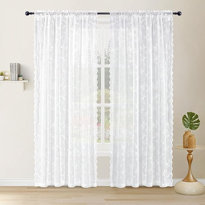 Sheer Lace Curtains 84 Inches Long, Vintage Floral Light Filtering White Lace Curtains for Living Room & Bedroom, Rod Pocket, 2 Panels Set, Tiny Flower Pattern (White, 52" W x 84" L)