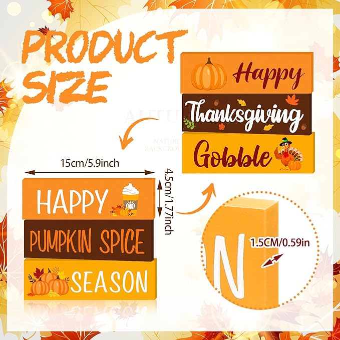 3 Pcs Thanksgiving Wooden Tabletop Signs Pumpkin Tiered Tray Decor Fall Double Side Centerpiece Rustic Wooden Block for Home Autumn Table Mantel Harvest Shelf Decor