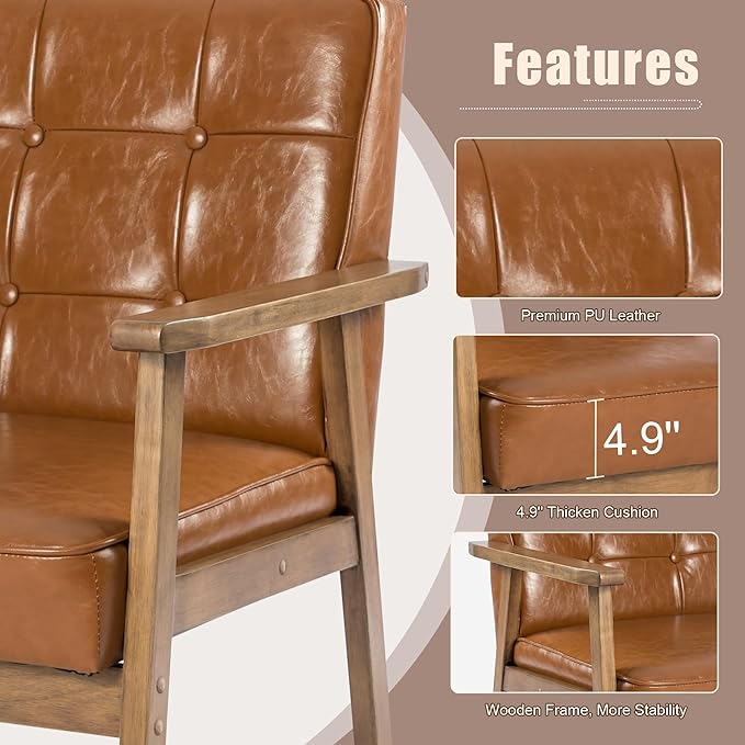 Okeysen Mid Century Modern Accent Chair, Retro Wood Leather Armchairs Side Chair, Lounge Reading Comfy Arm Chair for Living Room, Bedroom, Office (Brown)